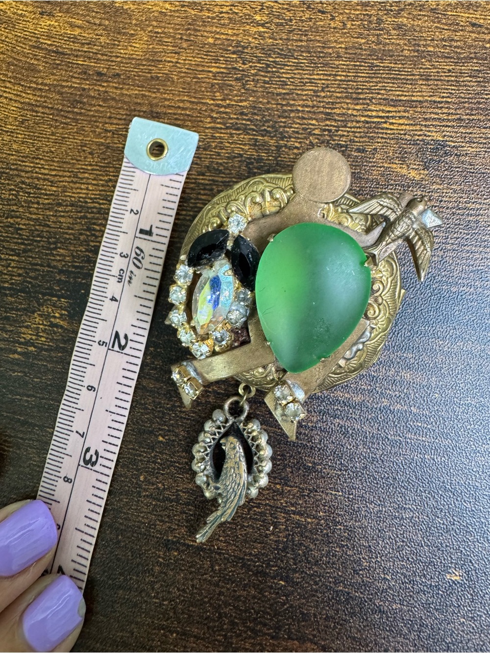 Vintage-Inspired Green Teardrop and Crystal Brooch Brutalist Steampunk - Picture 9 of 9